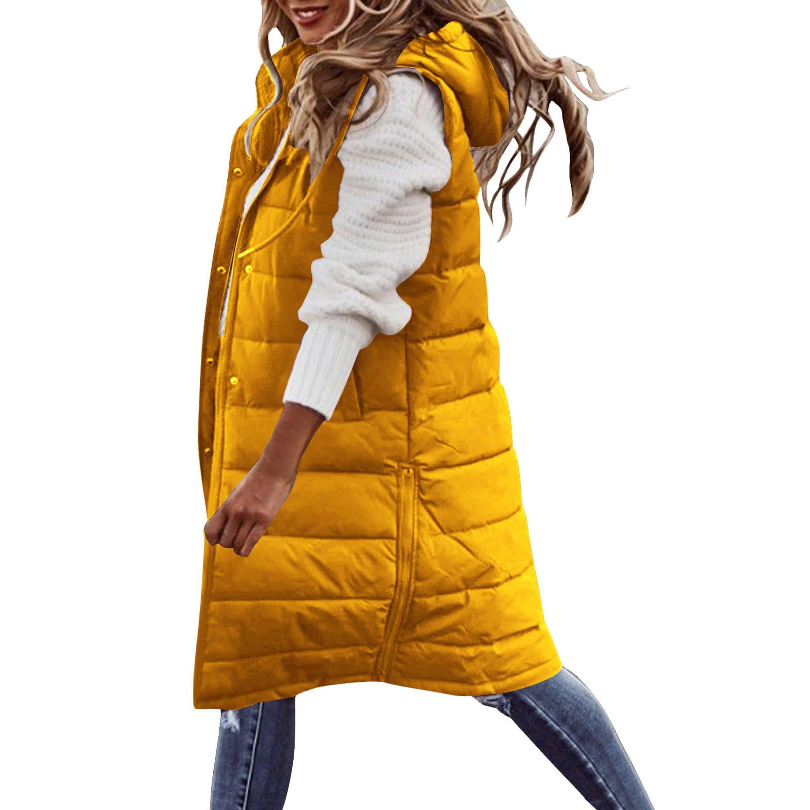 Womens Puffer Vest Sleeveless Hooded Long Quilted Vests Zip Up Lightweight Puffy Winter Jackets Gilet with Pockets