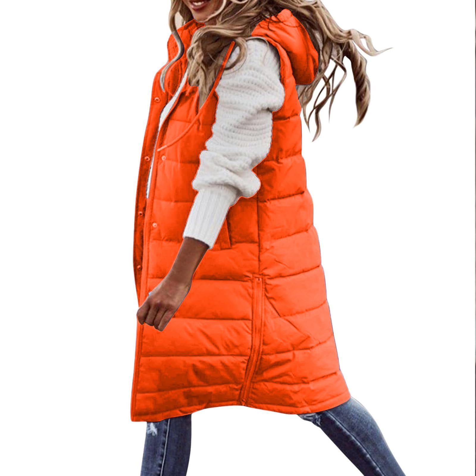 Womens Puffer Vest Sleeveless Hooded Long Quilted Vests Zip Up Lightweight Puffy Winter Jackets Gilet with Pockets