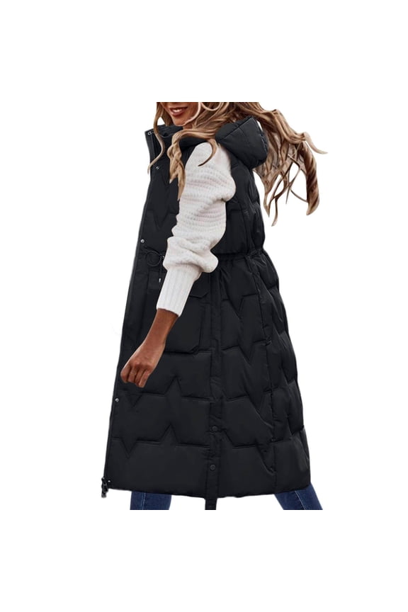 Womens Puffer Vest Sleeveless Hooded Long Quilted Vests Zip Up Lightweight Puffy Winter Jackets Gilet with Pockets