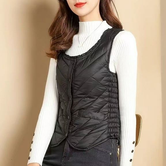 Womens Puffer Vest Sleeveless Tunic Quilted Cropped Jacket Padded Insulated Buttons Winter Warm Cozy Lounge Home Wear with Pockets