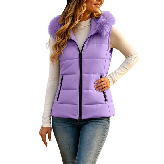 Womens Puffer Vest Sleeveless Zip Up Fitted Warm Cropped Outerwear with Fur Collar and Pockets Solid Color Casual Winter Outerwear