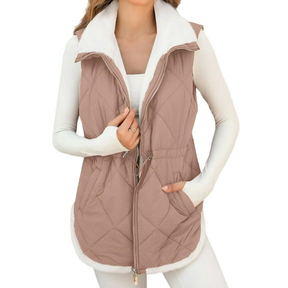 Womens Puffer Vest, Solid Color Quilted Sleeveless Hooded Jacket, Lightweight Yet Warm Layering for Hiking, Outdoor Sports and Fall FashionKhakiL