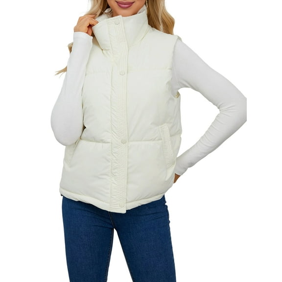 Womens Puffer Vest Stand Collar Full Zip Sleeveless Bubble Puffer Vest Quilted Padded Warm Coat Outwear Cream White M