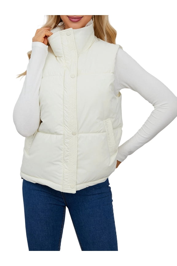 Womens Puffer Vest Stand Collar Full Zip Sleeveless Bubble Puffer Vest Quilted Padded Warm Coat Outwear Cream White S