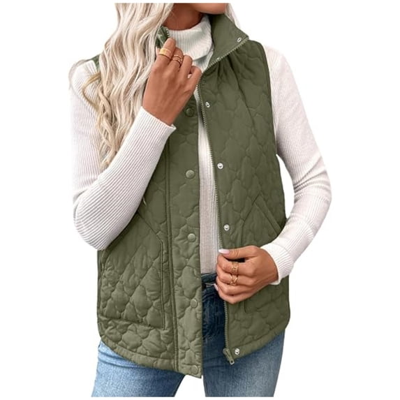 Womens Puffer Vest Trendy Lightweight Quilted Jackets Zip Up Stand Collar Button Padded Coat Fall Spring Winter Casual Work Outerwear, L
