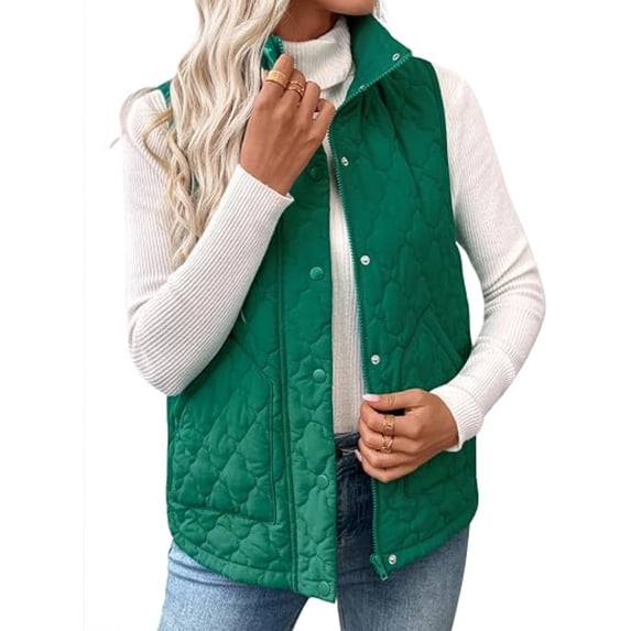 Womens Puffer Vest Trendy Lightweight Quilted Jackets Zip Up Stand Collar Button Padded Coat Fall Spring Winter Casual Work Outerwear, L