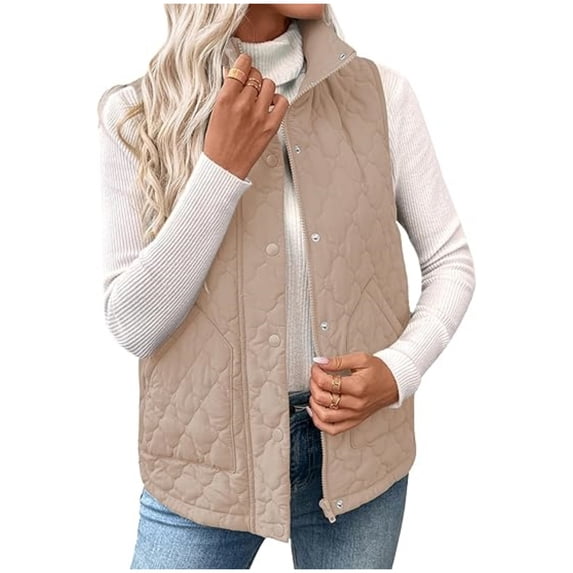 Womens Puffer Vest Trendy Lightweight Quilted Jackets Zip Up Stand Collar Button Padded Coat Fall Spring Winter Casual Work Outerwear, L