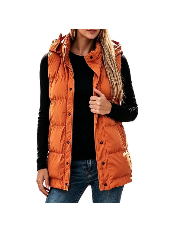 Womens Puffer Vests Hooded Sleeveless Quilted Zip Up Jacket with Snap Button Front and Pockets Cotton Solid Color Warm Outerwear for Outdoor Activities