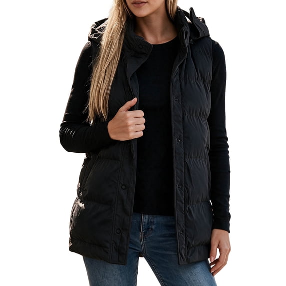 Womens Puffer Vests Hooded Sleeveless Quilted Zip Up Jacket with Snap Button Front and Pockets Cotton Solid Color Warm Outerwear for Outdoor Activities