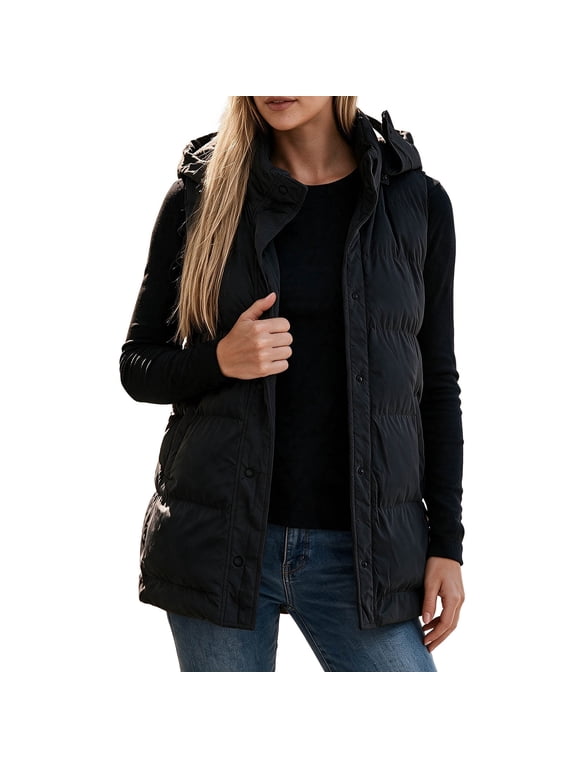 Womens Puffer Vests Hooded Sleeveless Quilted Zip Up Jacket with Snap Button Front and Pockets Cotton Solid Color Warm Outerwear for Outdoor Activities