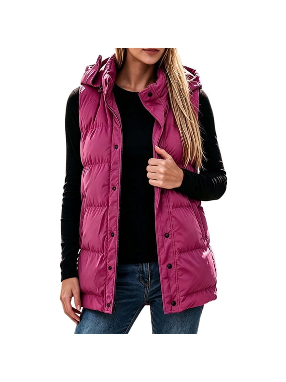 Womens Puffer Vests Hooded Sleeveless Quilted Zip Up Jacket with Snap Button Front and Pockets Cotton Solid Color Warm Outerwear for Outdoor Activities