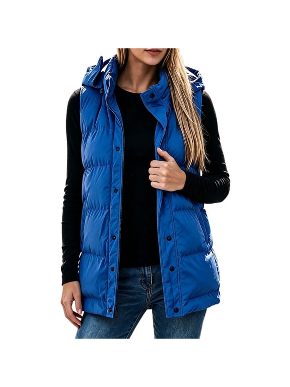 Womens Puffer Vests Hooded Sleeveless Quilted Zip Up Jacket with Snap Button Front and Pockets Cotton Solid Color Warm Outerwear for Outdoor Activities