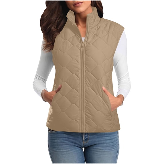 Womens Puffer Vests Lightweight Stand Collar Sleeveless Jackets Zip up Winter Warm Outerwear with Pockets New Womens Fall Clothes Fashion Outfits Khaki XXL