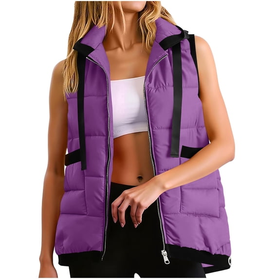 Womens Puffer Vests Sleeveless Casual Loose Fitted Winter Warm Lightweight Stand Collar down Jacket Color Block Coats New Women's Outerwear Vests Purple S