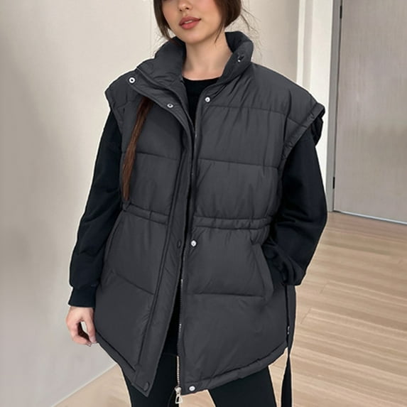 Womens Puffer Vests Warm Lightweight Thicken down Jackets Padded Full Zipper Waistcoat Trendy Winter Outwear New Black L