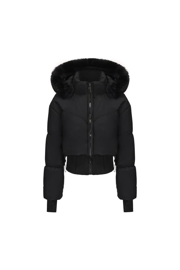 Womens Puffer Winter Coat Cropped Down Jacket Zip Up Short Quilted Jackets Warm Puffy Long Sleeve Coats with Fur Hooded