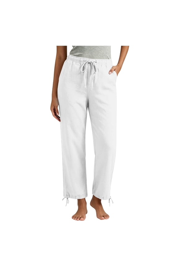 Womens Pull On Cotton Linen Pants Drawstring Relaxed Fit Wide Leg Casual Straight Lightweight Summer Lounge Trouser