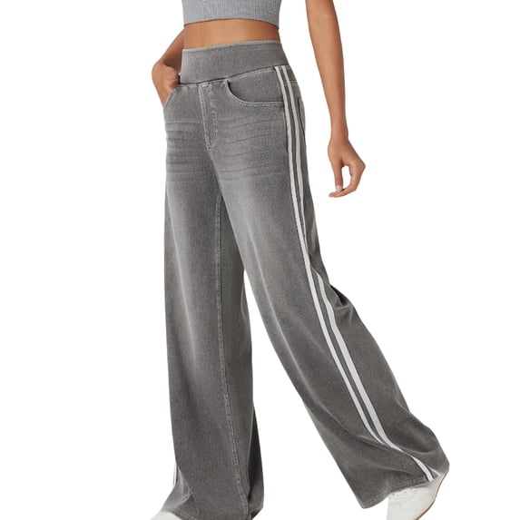Womens Pull On Jeans Wide Leg Stretchy Side Striped Denim Pants,S