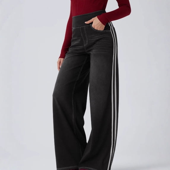 Womens Pull On Jeans Wide Leg Stretchy Side Striped Denim Pants Trendy Casual Pants For Women