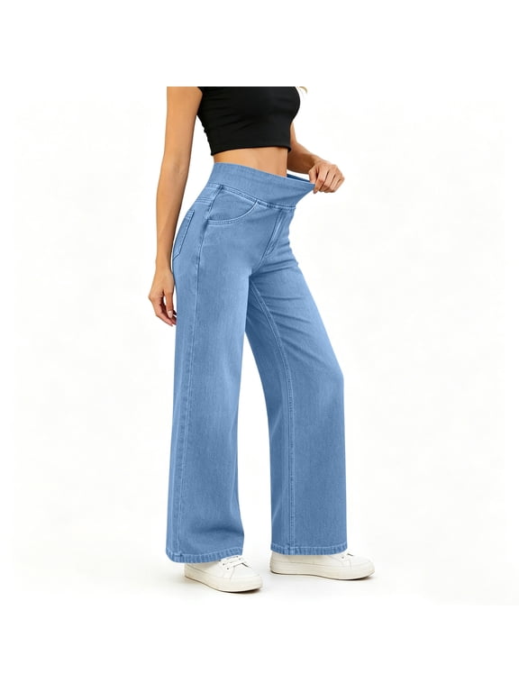 Womens Pull On Wide Leg Jeans High Waisted Baggy Stretch Denim Pants Elastic Waist Casual Jeans with Pockets