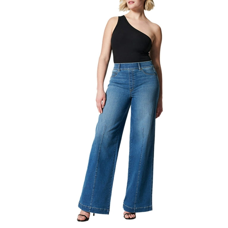 Womens Pull On Wide Leg Jeans Stretch Seamed Front Loose Pants for