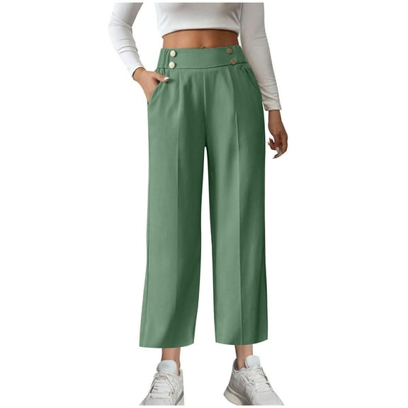Womens Pull on Pants Casual New Women Wide Leg Dressy Pants 2025 High Waisted Button Pleated Business Casual Trousers Office Work Pants Green XL