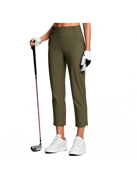 Womens Pull on Capri Pants with 4 Pockets Wide Waistband High Waisted Stretch Workout Yoga Split Capris, Beige XL,M,Green