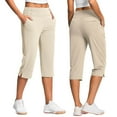 thumbnail image 1 of Womens Pull on Capri Pants with 4 Pockets Wide Waistband High Waisted Stretch Workout Yoga Split Capris, Beige XL, 1 of 7