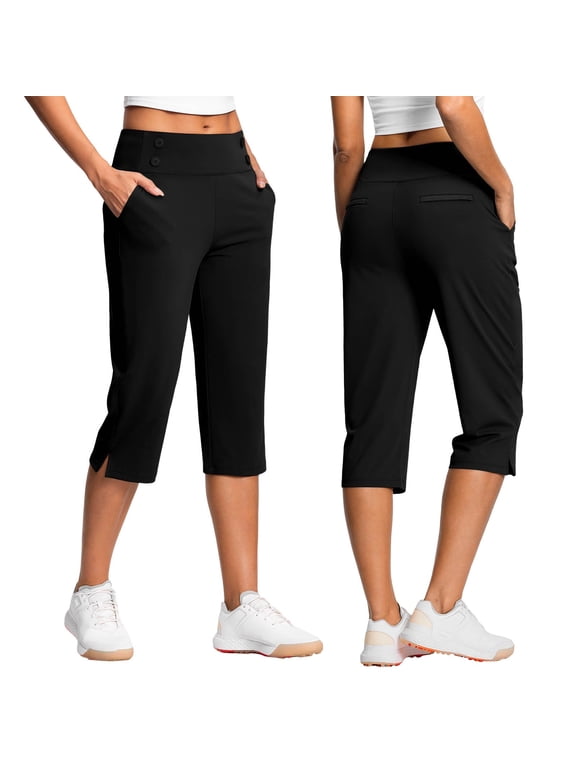 Womens Pull on Capri Pants with 4 Pockets Wide Waistband High Waisted Stretch Workout Yoga Split Capris, Black XL