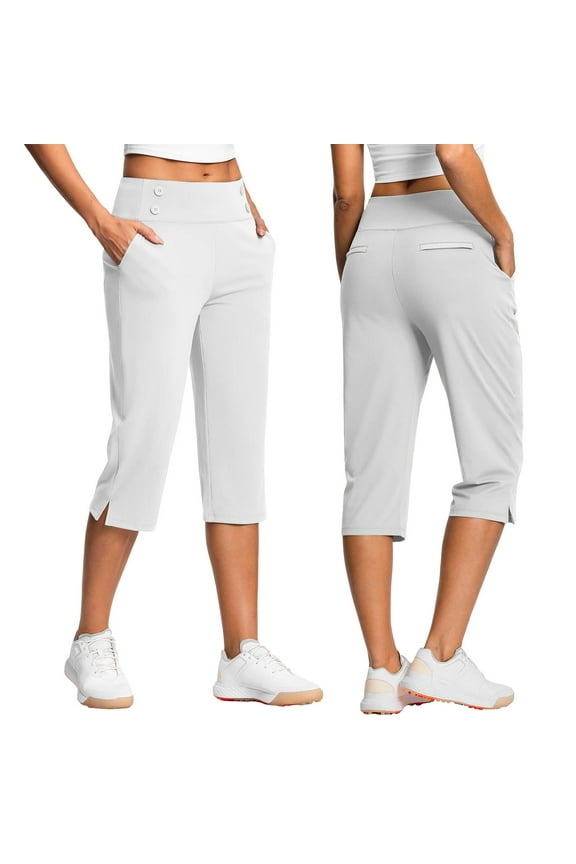 Womens Pull on Capri Pants with 4 Pockets Wide Waistband High Waisted Stretch Workout Yoga Split Capris, White 2XL