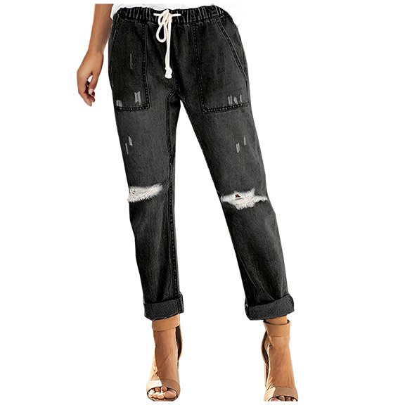 Womens Pull on Jeans Elastic Drawstring Jeans Distressed Denim Joggers Plus Size Cropped Trousers with Pockets Pants