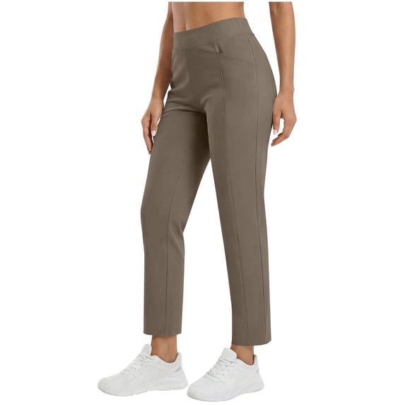 Womens Pull on Pants with Pockets Stretch High Waisted Ankle Pants Straight Leg Casual Athletic Cropped Trousers Brown,M