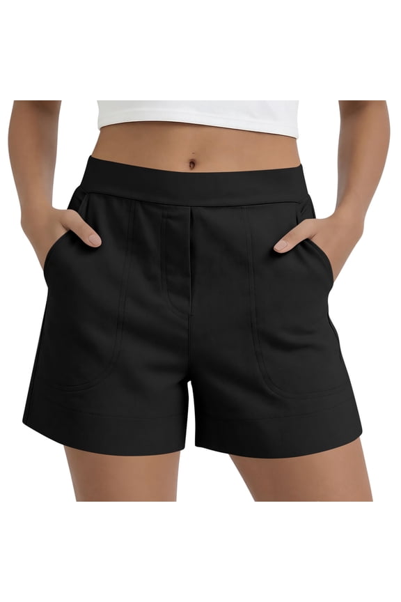 Womens Pull on Summer Shorts, Flat Front Elastic Back Solid Color Mid Waist Casual Shorts with Pockets, Black, 3XL