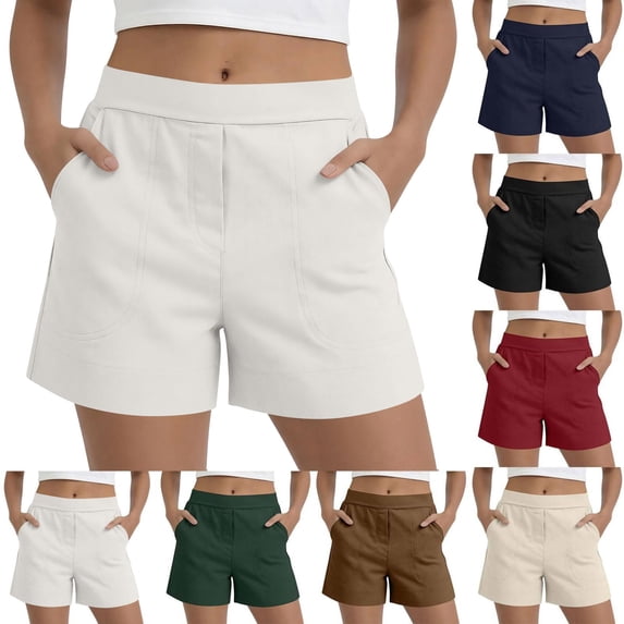 Womens Pull on Summer Shorts, Flat Front Elastic Back Solid Color Mid Waist Casual Shorts with Pockets, Gray, L