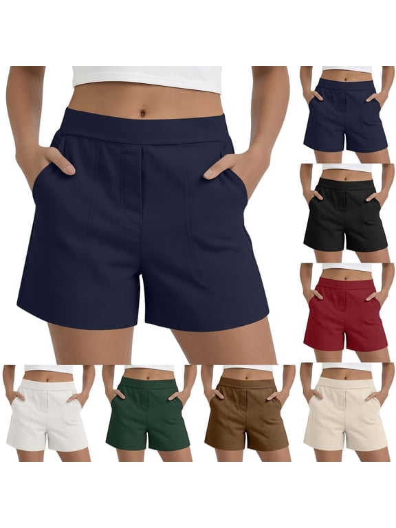 Womens Pull on Summer Shorts, Flat Front Elastic Back Solid Color Mid Waist Casual Shorts with Pockets, Navy, L