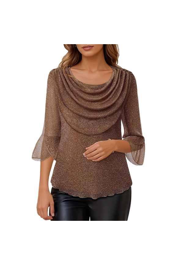 Womens Pullover Casual Elegant Draped Neckline Sheer Mesh Sleeves Soft Breathable Beach Clothes for Women,Brown,M