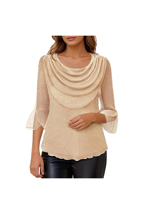 Womens Pullover Casual Elegant Draped Neckline Sheer Mesh Sleeves Soft Breathable Womens Blouse,Beige,2XL