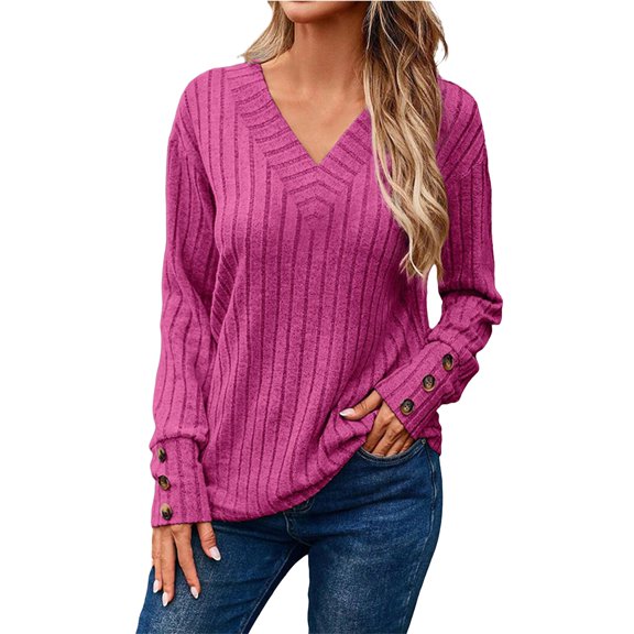 Womens Pullover Comdrip Womens Soft Long Sleeve V Neck Shirts Solid Casual Decorative Buttons Knitted Pullover Tops Ladies V Neck Sweaters Hot Pink 2XL