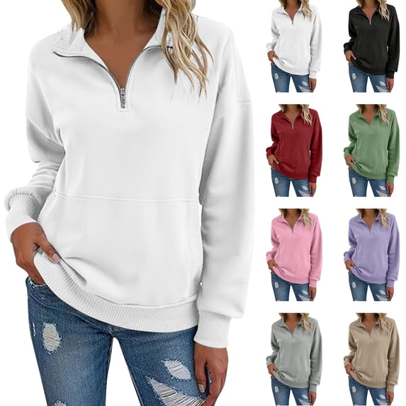 Womens Pullover Half Zip Collar Sweatshirt Drop Shoulder Long Sleeve Front Pocket for Casual Outfits