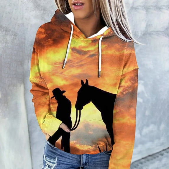 Womens Pullover Hoodies TIANEK Winter Long Sleeve Horse Graphic Ethnic Style Hoodies With Pocket Drawstring Training Womens Crewneck Sweatshirt Sweatshirts for Women Fashion