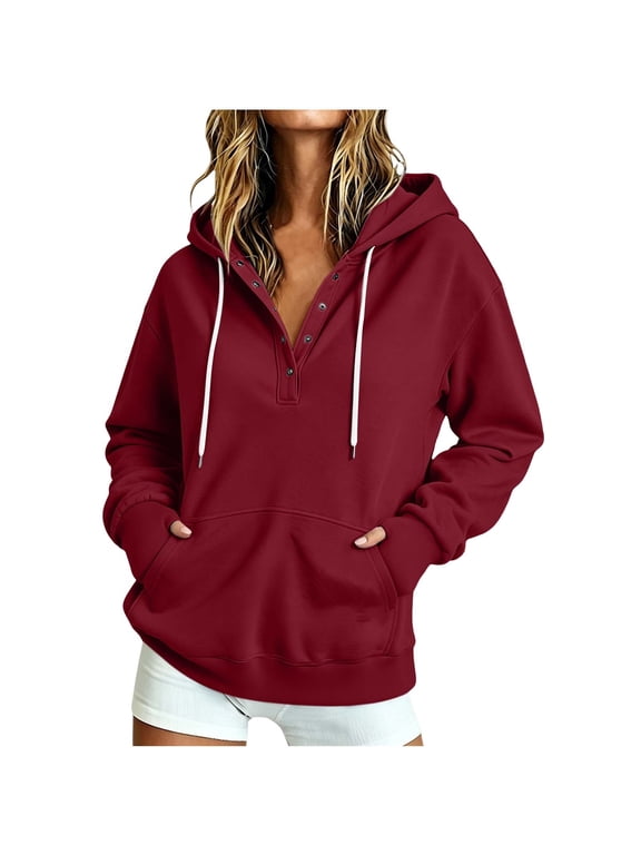 Womens Pullover Hoodies Thumb Holes Long Sleeve Half Snap-up Loose Drawstring Hooded Sweatshirts with Pocket (XL, Wine)