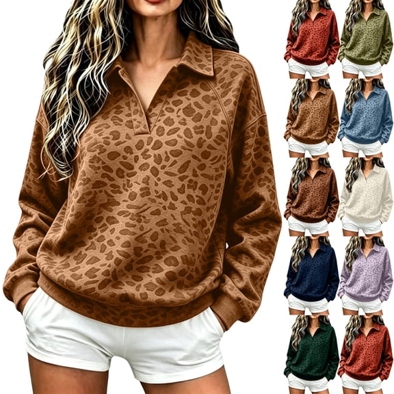 Womens Pullover Leopard Print Lapel Collar Sweatshirt for Women Fall Winter V Neck Long Sleeve Loose Fit Oversized Casual Tops Ladies Streetwear Brown 2XL