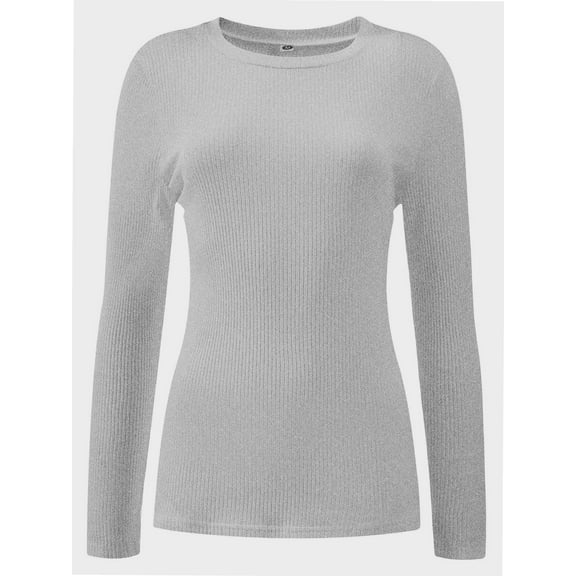 Womens Pullover Long Sleeve Crewneck Shirts Ribbed Knit Slim Fitted Casual Jumper Tops