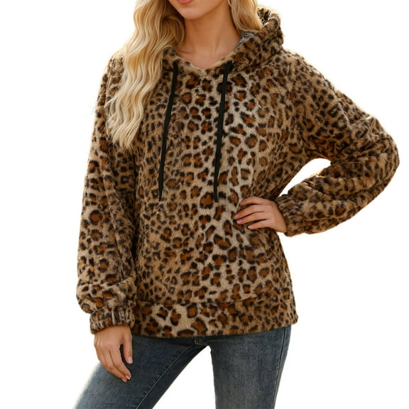 Womens Pullover Long Sleeve Crewneck Sweater Warm Winter Top With Leopard Print Design Casual Fashion Outerwear Clothes Khaki L