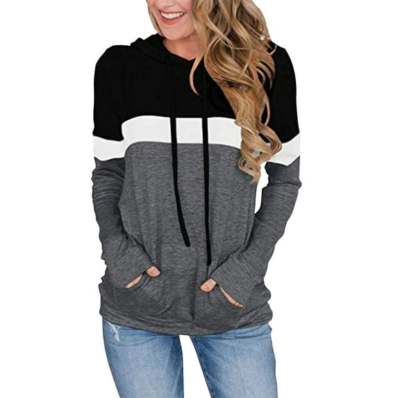 Womens Pullover Long Sleeve Hoodies Color Block Shirt Casual Loose Pullover Hooded Sweatshirt