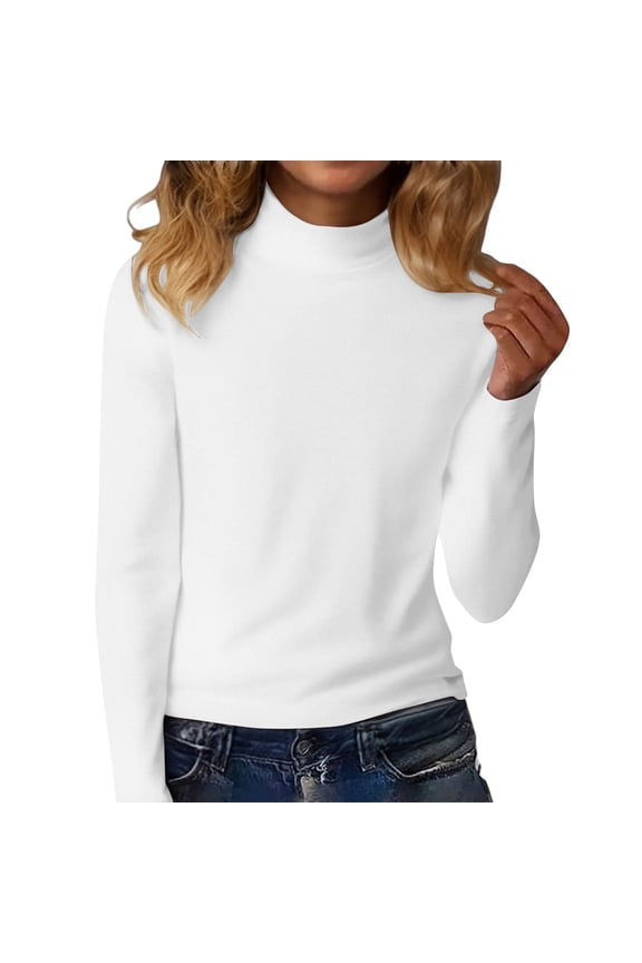 Womens Pullover Mock Neck Tunic Top - Solid Color Long Sleeve Layering Soft Stretch Breathable Casual Daily Basic Fashion Wear White S