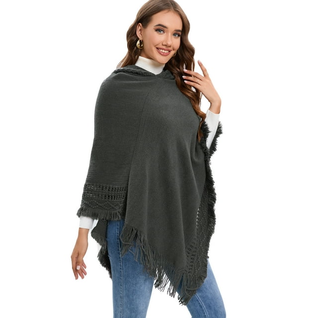 Womens Pullover Poncho Sweater Feel Shawl Loose Fitting Ponchos Wraps Baggy Tops for Fall Winter Gray/Red/Black/Khaki