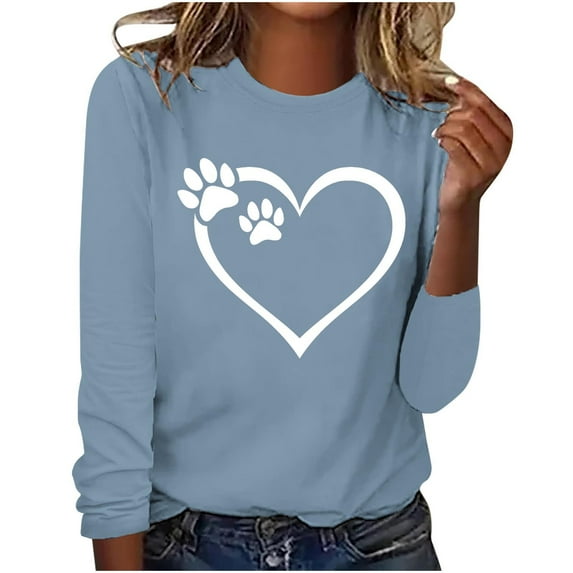 Womens Pullover Shirts Love Printed Trendy Fall Casual Loose Fitting Long Sleeve Round Neck Basic T-Shirt Tops,Light Blue,3XL