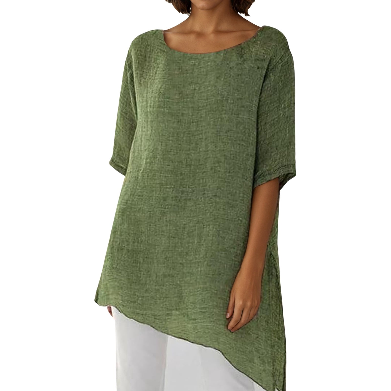 Womens Pullover Short Sleeve Round Neck Stylish Basic Petite Tops for Women,Green,L
