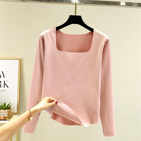 Womens Pullover Square Neck Long Sleeve Top Soft Brushed Fitted Base Layer Tee for Everyday Wear in Fall & Winter